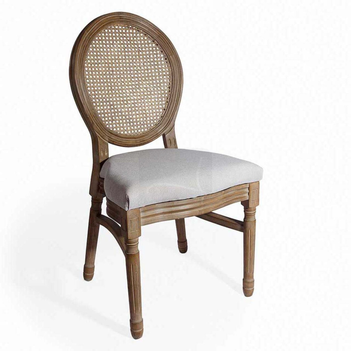 Silla de boda Louis de madera con asiento de lino y tejido de ratán