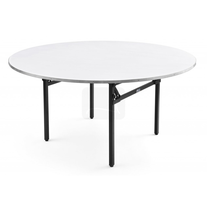 Stół bankietowy składany, którego okrągły blat jest dźwiękoszczelny, rama stołu jest czarna, widok z przodu.
