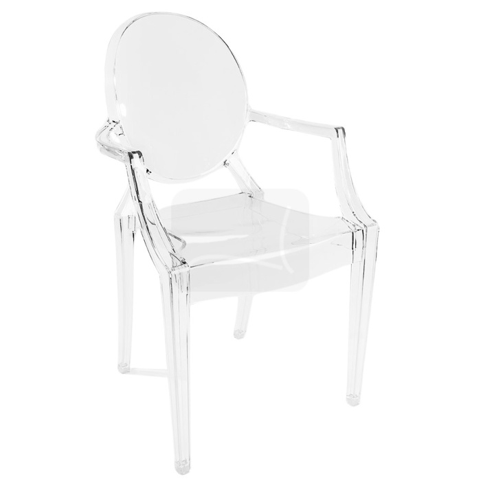 Cadeira Ghost com apoios de braço em fundo branco, vista lateral