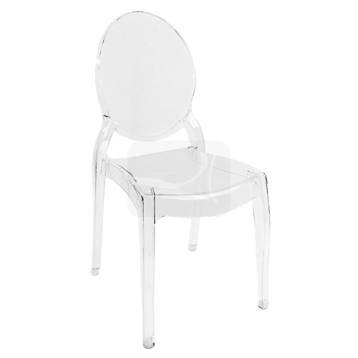 Chaise Ghost transparente sans accoudoirs sur fond blanc, vue de côté
