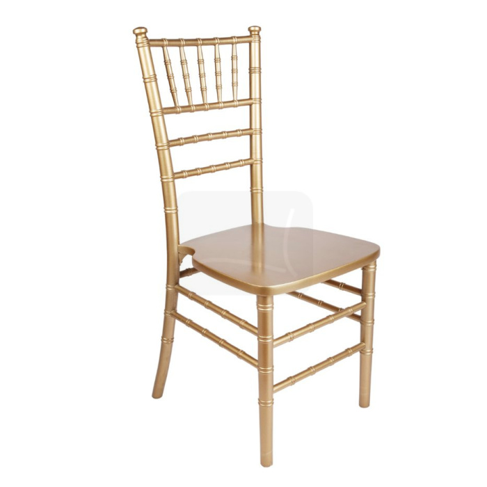Stackable Chiavari wooden beech chair in gold finish on white background