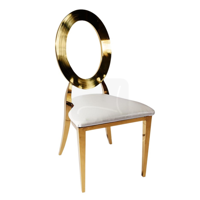 Chaise métallique Dior avec dossier amovible adaptée pour les mariages, événements, affichée sur fond blanc