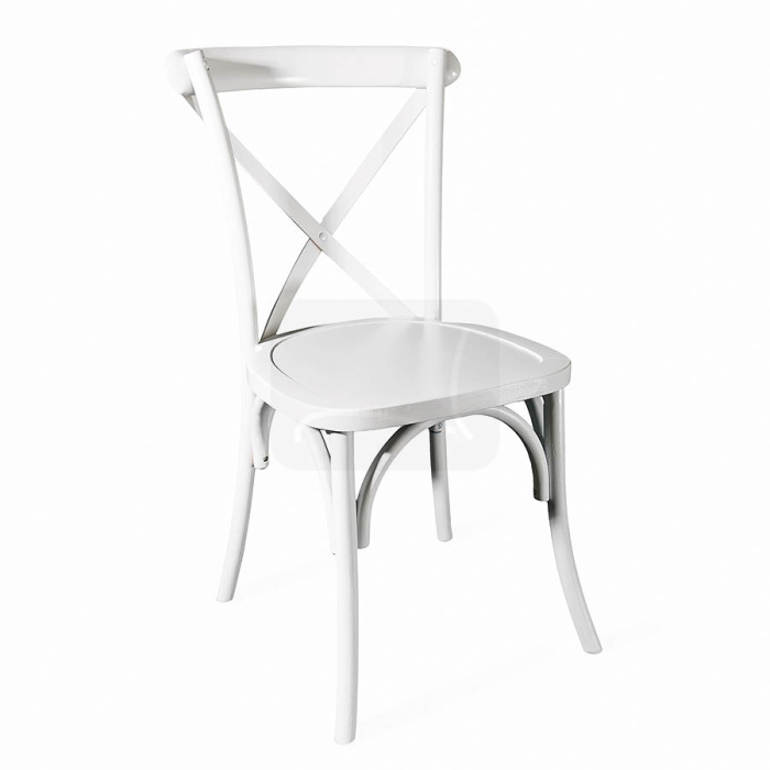 Stackable wooden Crossback white chair in vintage style, suitable for weddings, events, dining rooms, restaurants