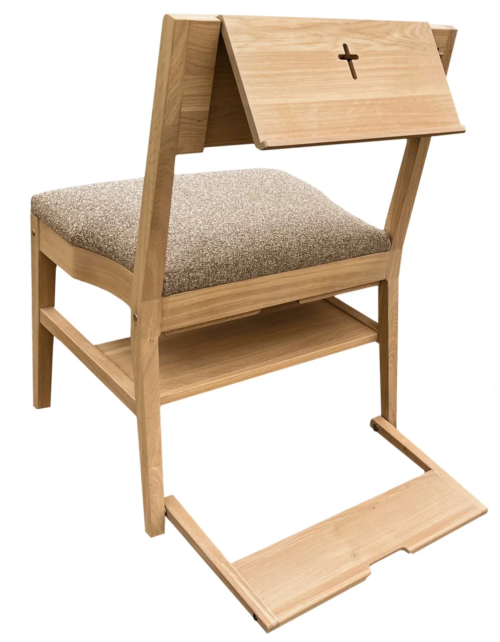 Oak church chair ZOE with a complete range of accessories — lectern, hook, kneeler, connection system, shelf under the seat and seat upholstery