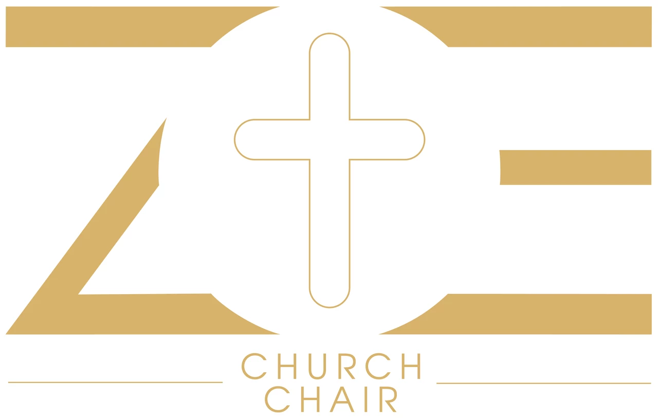 Logotipo de silla y banco de iglesia ZOE en dorado